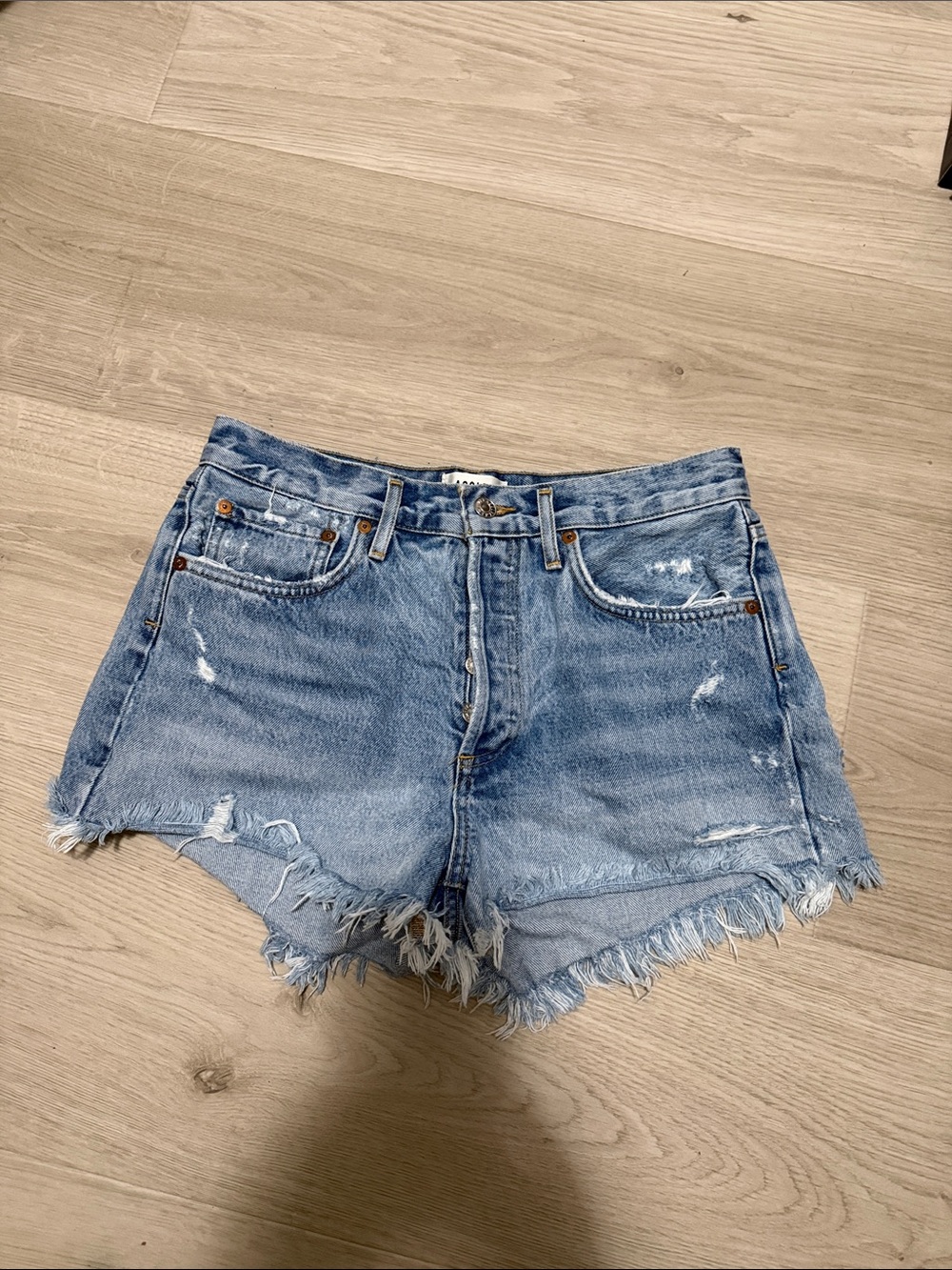 AGOLDE PARKER Classic High-Rise Distressed Denim Shorts - Light Blue